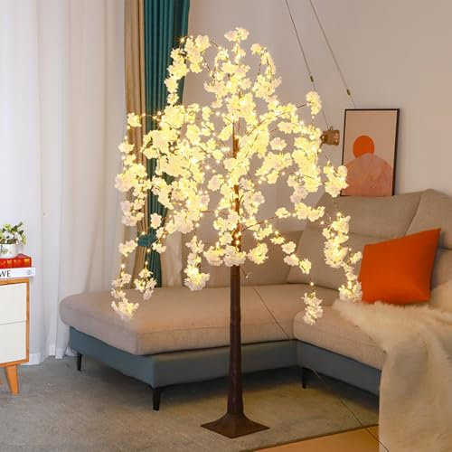 Somsiwey Lighted Cherry Blossom Tree 6FT Artificial Light up Tree for Decoration Inside, Faux Flower with Warm White for Home Patio Wedding Party Christmas Decor