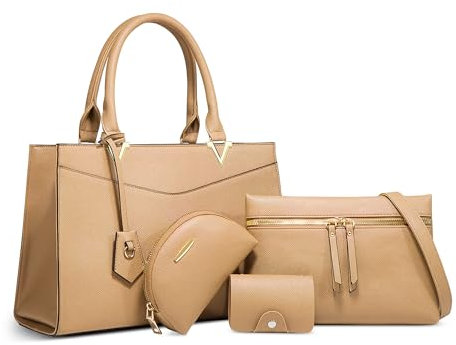 DORRISO Anti-Dieb Damen Handtaschen 4 Teiliges Set Umhängetasche Elegant Geldbörse Einfach Leichtgewicht Damen Schultertasche für Reisen Büro Ernennung Urlaub Einkaufen PU Leder Braun
