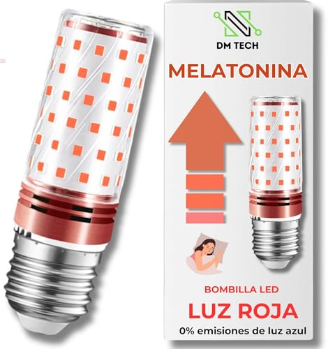 DM TECH Set Nachtlicht Rot Melatonin E27 Fassung + Video Schlaftechniken – Rote Glühbirne zum Schlafen – Red Light Therapie Flicker-Free Technologie 0% Blaulicht – Einfache Installation