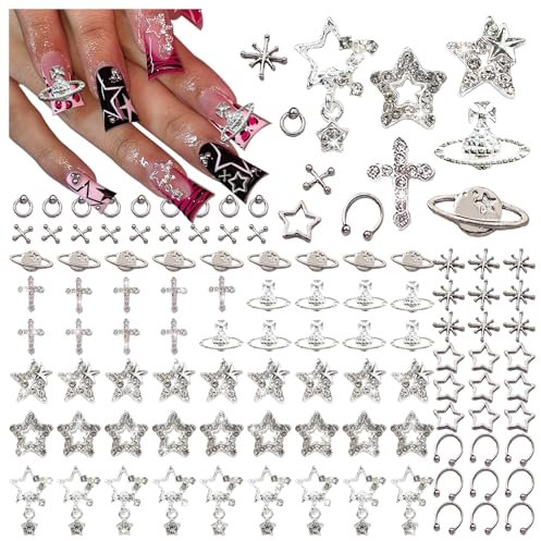 AstraGlam® 110 Pcs 3D Silver Nail Charms, Premium Nail Art Decorations with Rhinestones for Luxurious Manicure Designs