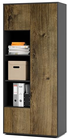 SIMPLYFURN Büroschrank Amira T30, Schrank mit DREI offenen Fächern, Anthrazit & Eiche Ribbeck, Push-to-Open, 180x80x40 cm, Aktenschrank für Büro und Homeoffice