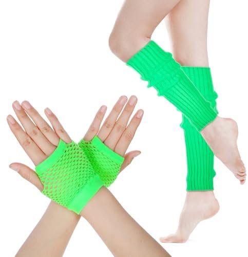 Xthrotsenk 2 Pairs Knitted Leg Warmers and Fishnet Gloves 80s Neon Stretchy Mesh Gloves for Women Girls Sports Yoga Fancy Dress Costume Party (Neon Green)