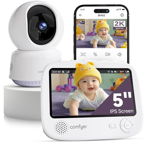 Comfyer 4-Split Screen Smart Video Baby Monitor with 2K Camera–5 1080P HD Display, 5050mAh Battery, Wi-Fi&Non-Wi-Fi, App&Monitor Control, Night Vision, Motion Detection, Temp Sensor, PTZ, 500m Range