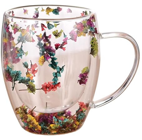 Yplkm Tasse Double Paroi Avec Fleurs Séchées, 350ml Verre Double Paroi, Tasse À Café En Verre À Double Paroi Avec Poignée Tasses À Expresso En Verre Transparent Pour Latte,Cappuccino,Expresso