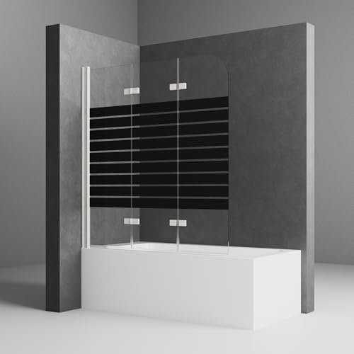 Duschwand für Badewanne 120x140cm weiß Duschwand Schwarz gestreift 3-teilig Faltbar Duschabtrennung Badewanne mit 6mm ESG-Glas Badewannenaufsatz