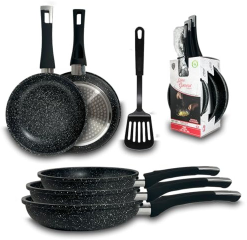 ARCA, Set 3 Padelle Antiaderenti in Alluminio con Spatola in Nylon, Adatte a Piani Cottura a Gas o Induzione, Lavabili in Lavastoviglie, Diametri 20/24/28 cm, Collezione Stone Gourmet