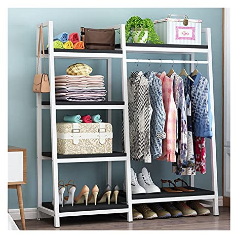 Porte-manteau sur pied avec miroir, porte-manteauPorte-manteau, porte-vêtements sur pied en bois et métal avec étagères et tringle de suspension pour vêtements, chaussures, sacs dans la zone