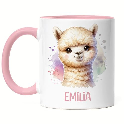 Kiddle-Design Kindertasse mit Namen Personalisiert, Personalisierte Tasse Kinder mit Alpaka, Namenstasse Alpakatasse, Kinderbecher als Geschenk zur Taufe, Geburt Weihnachten - Tasse Rosa