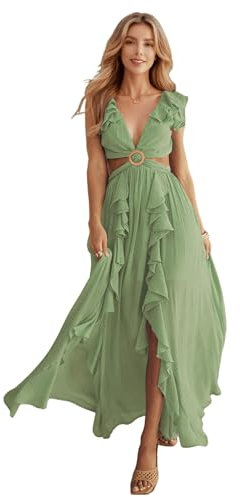 HEYPORK Damen Frühling Sommer Kleider Lässig Bequem Kleid Modern Elegant Röcke Frauen Slim Rückenfreies Kleid V-Ausschnitt Gerafften Schlitz Langen Rock(Grün, L)