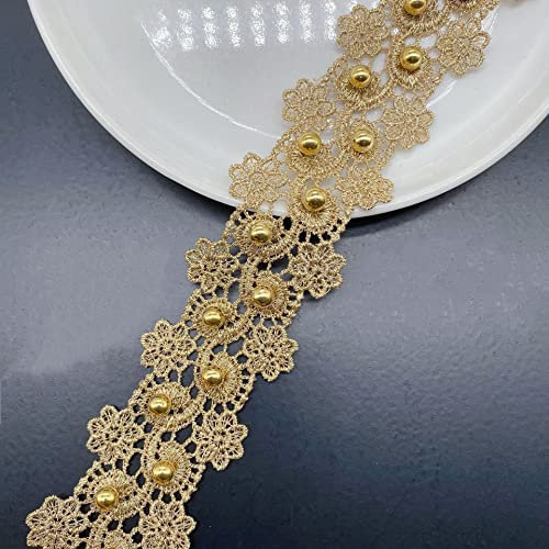 Yulakes 3 Yards Gold Spitze Band mit Perlen, Gold Spitze Trim Band für Handwerk, Goldene Perlen Rand zum Nähen, Dekorative DIY, Kleider, Kleider, Hochzeiten ﻿