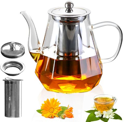 YANGUN Glass Teapots with Infuser, 1000 ml Tea Pot, Clear Square Loose Leaf Borosilicate Teapots with Strainer, Removable Stovetop Safe Maker, Blooming and Loose Leaf Tea Maker, Teapot for 4-6 Cups