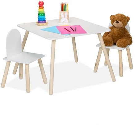 Relaxdays Tavolino da Bambini con Sedie per Cameretta, Tavolo da Gioco 2 Sgabelli con Schienale, MDF, Naturale Bianco, Fibra di Legno, 45x60x60 cm