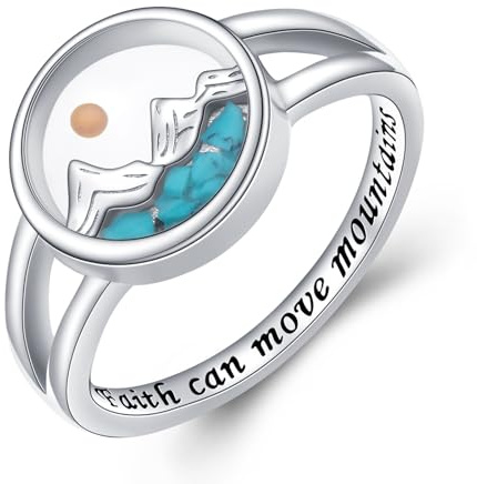 HOOHWE Senfsamen Ring Sterling Silber Berge Ring Türkis christlicher Schmuck für Frauen inspirierender religiöser Schmuck