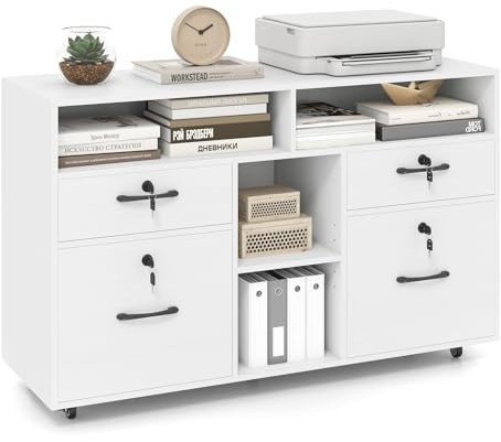 COSTWAY Rollcontainer mit 4 Schubladen, mobiler Aktenschrank abschließbar mit verstellbarem Regal & offenen Fächern, Büroschrank für Schreibtisch, Druckerständer für Zuhause, Büro (Weiß)