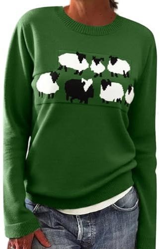 heekpek Pull Jacquard Femme Norvégien Alpaga Pulls Col Rond Sapin de Noël Ample Pull Femme Hiver Chaud Chic et Élégant Doux Sweat Tricoté Haut Pull'de Noel, Vert Alpaga, XL