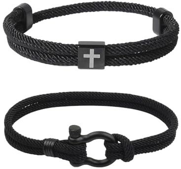 XFSRG Set di 2 Bracciali da Uomo Braccialetto in Corda Nera Regolabile con Ciondolo a Croce in Acciaio Inossidabile Bracciali Eleganti per Uomo