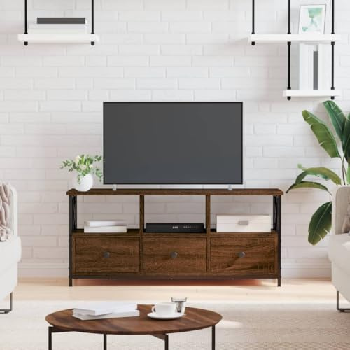 IBUQDDV TV-Schrank Braun Eichen-Optik 102x33x45cm Holzwerkstoff & Eisen mit 3 offenen Fächern und 3 Schubladen für Stauraum Industrial Style Möbelstück mit robuster Oberplatte