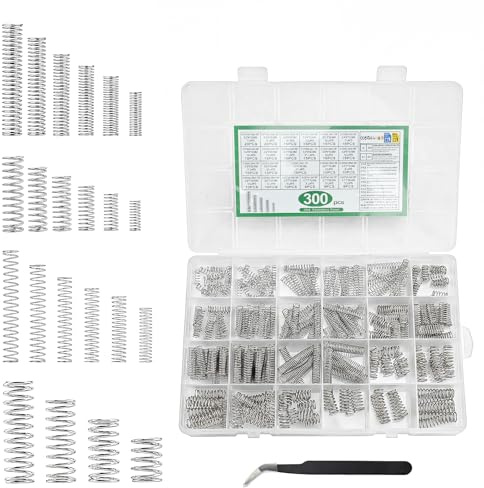 300 Stk 304 Edelstahl Druckfedern Sortiment Kit, Zugfedern Sortiment | Druckfeder Set,Spiralfedern Metallfedern Set,Springs, Kleine Federn Set, Mechanische Druckfedern für DIY Home Auto(23 Größen)
