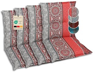 GO-DE Textil Bequeme und attraktive Polsterauflagen für Niederlehner-Gartenstühle (4er-Set, Ornamentstreifen rot, Niederlehner)