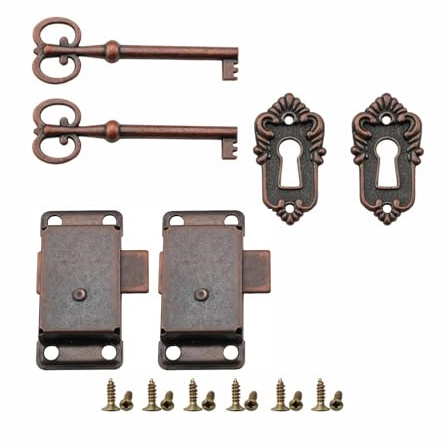 2 Pcs Vintage Cabinet Lock Set with Key, Antique Style Wardrobe Lock and Cabinet Locks for Cupboard Drawer Box Furniture, Easy Installation Retro Door Security Hardware (Bronze)