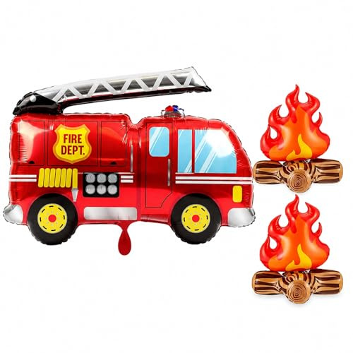 Feuerwehr Luftballon Set, Aufblasbare Feuerwehrparty Deko für geburtstag, Feuerwehrballon mit Flammenballons, Lagerfeuer und Popcorn Dekoration, Helium Ballon Feuerwehrauto, Luftballon Einsatzfahrzeug