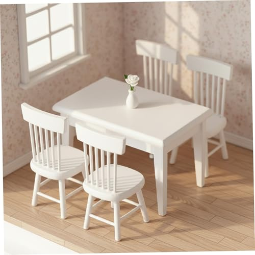 5PCS/Set Muebles de casa de muñecas, 1:12 Linda Mesa y sillas de Madera para muñecas Muebles de casa de en Miniatura para Comedor, Blanco, de de Madera