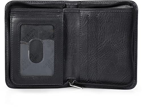 Otto Angelino RFID Schutz Herren Bifold Doppel-Reißverschluss Geldbörse -Italienisches Rindsleder - Schlanker Reisekomfort - Kreditkartenhalter mit transparentem ID Slot - Snap Back Münzenhalter