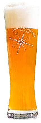 AMAVEL Bicchiere da Birra di Frumento con Incisione Bussola, Personalizzato con Nome e Data, ca. 0,5 l