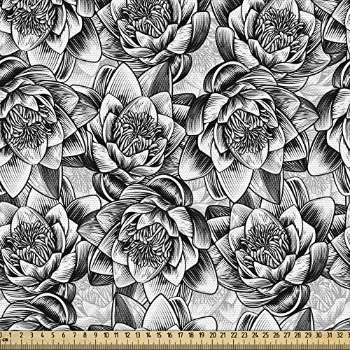 ABAKUHAUS Blumen Gewebe als Meterware, Asiatisches Lilien-Muster, Schön Gewebten Stoff für Polster und Wohnaccessoires, 1M (148x100cm), Weiß und Schwarz