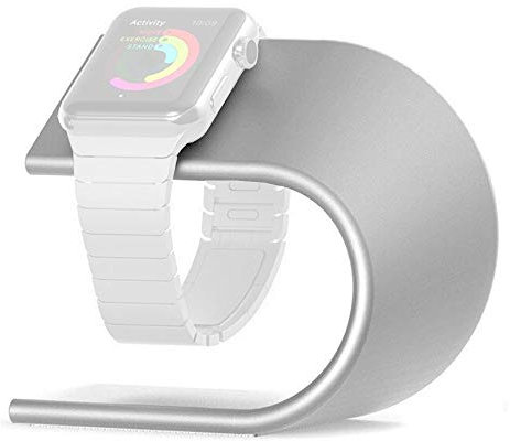 subtel iWatch Charging Stand Compatible for Apple Watch SE / 7/6 / 5/4 / 3/2 / 1 38mm / 40mm / 42mm / 44mm - Aluminum Smartwatch Stand Nightstand Strap Holder Station - Silver