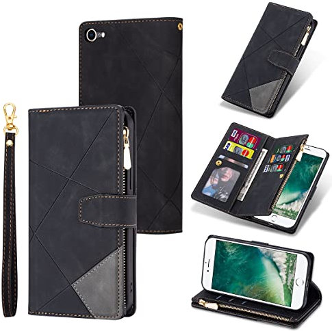 UEEBAI Wallet Case for iPhone 7/8/SE 2022 5G/SE 2020, Premium PU Leather Flip Case Card Slots Magnetic Zipper Pocket Kickstand Handbag Hand Strap Cover for SE3/SE2 - Splice Black