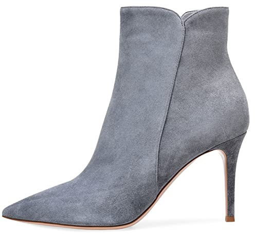 Stivali da Donna Stivaletti Corti in Scamosciata Scarpe col Tacco a Punta Tacco a Spillo Alto Slip on Ankle Boots Cerniera Tronchetti Tacchi Alti Invernali Outdoor Scarponi,Grigio,42 EU