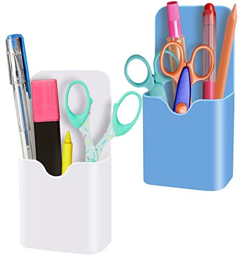 TOPTIME 2 Pack Magnetic Marker Holder, Magnet Pen Holder for Whiteboard Fridge, Magnetic Holders Pencil Cup Storage Organizer for Home Office School Metal Cabinets and Locker, 2 Colors: White and Blue