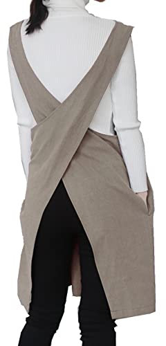 Weiche einfarbige Baumwoll-Leinen-Schürze für Damen, japanischer Stil, Kochschürze, Geschenk für Einweihungsparty, Kaki, [18-25 inches (width), 31 inches (length)]