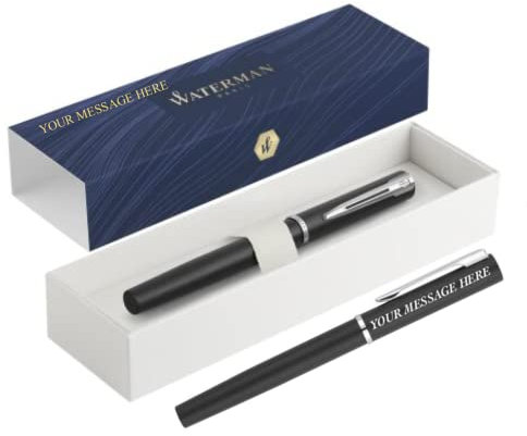 Personalised Deep Engraved Custom Waterman Allure Fountain Pen + Gift Box | Black Lacquer | Fine Nib | Blue Ink | Gift Box
