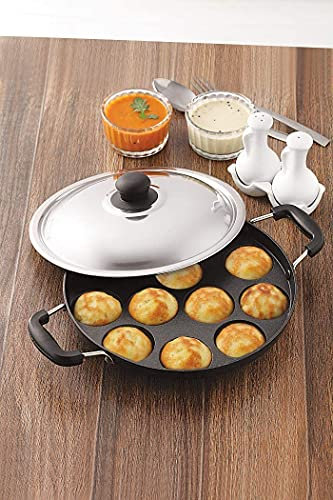KSJONE 12-Pfannen-Antihaft-Pfanne – Aebleskiver-Bratpfanne – Poffertjes-Maker-Pfanne mit 12 Löchern – Paniyaram-Pfanne, Appam-Maker Panniyarakal – Zweiseitiger Griff mit Stahldeckel – 22 cm