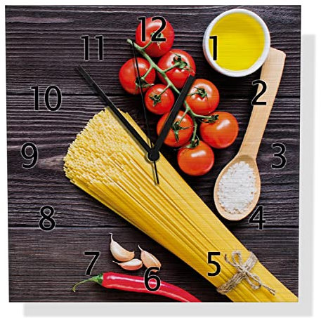 Wallario Design Wanduhr Italienisches Menü mit Spaghetti, Tomaten, Salz und Chilischoten aus Aluverbund, Alu-Uhr Größe 30 x 30 cm, Schwarze Zeiger mit Metalloptik