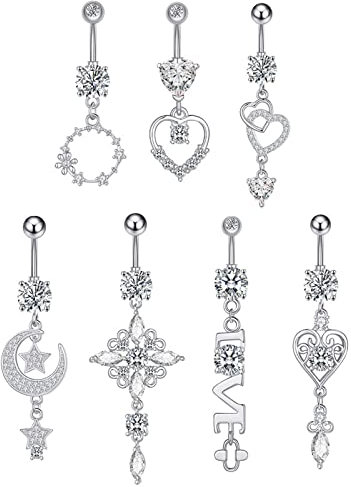 Banemi Bauchnabelpiercing für Frauen, Körperschmuck Sexy Herz Stern Mond Weiß Zirkonia 7 Stück Geschenk für Mama