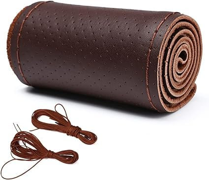 Funda Volante Coche,Universal 36-40 cm Cubierta Volante de Cuero de Vacuno para automóvil,Cubierta Protectora del Volante con Aguja e Hilo, Elegante y Transpirable(Color Café,Hilo Café)