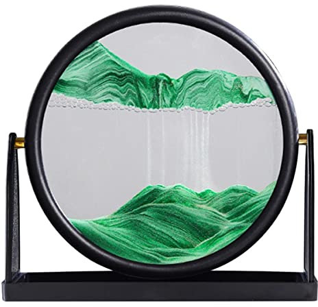 Tableau en verre rond à LED en forme de sable mouvant - 3D - Paysage de sable profond en mouvement - Cadre de sablier flottant - Décoration d'intérieur - Cadeau (vert)