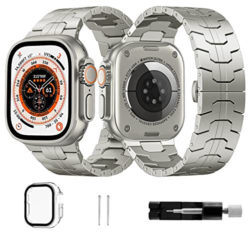 AUXIRACER Stainless Steel Band for iwatch Straps 49mm 45mm 44mm 42mm, Black color Strap with Double Button Clasp, for iWatch Ultra Series 8 7 6 5 4 3 2 1 SE2 with Case(silvery)