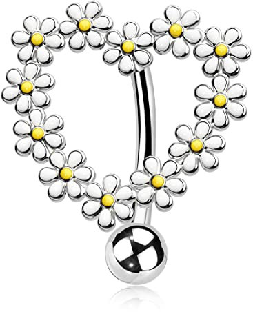 Melighting 14g Reverse Bauchnabelpiercing Chirurgenstahl Gänseblümchen Belly Button Piercings Herzförmig Bauchnabelring Nabelpiercing Silber Bauchpiercing Schmuck
