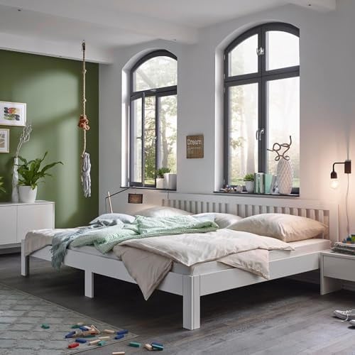 Ecolignum Familienbett Como 280x200 Erle Weiß, Massivholzbett mit FSC & PEFC zertifiziertem Holz & modernem Design, Bettgestell ohne Matratze Kissen & Lattenrost, Massiv Bett Familien-Bett Bed