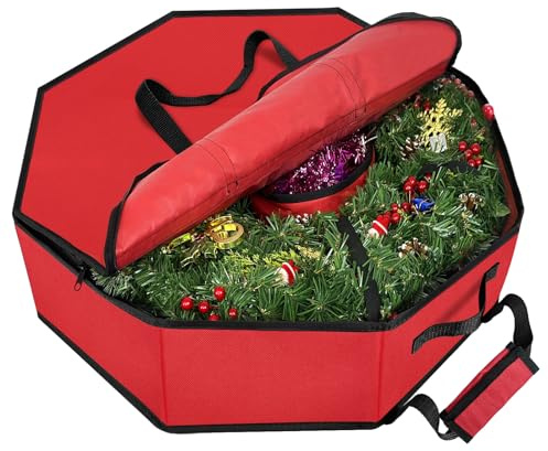 homyfort Weihnachtskranz-Aufbewahrungsbehälter, 76,2 cm, Hartschalenkranz, Aufbewahrungsbox mit Innentaschen, doppelten Reißverschlüssen und Griffen (rot)
