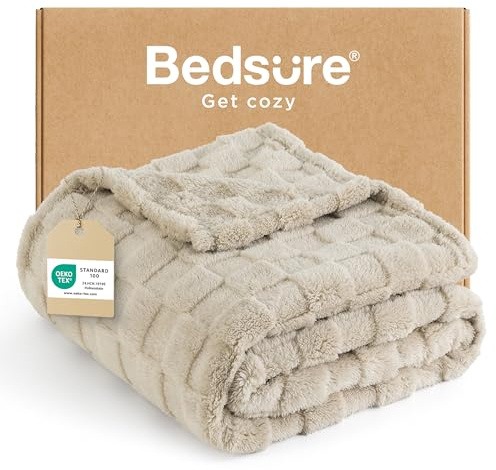 Bedsure Checkered Fleece Throw Blanket - Lightweight, Beige, 130x170cm | Fluffy Warm Plush Lightweight for Couch and Bedroom Cosy Gift Easy Care for Relaxing Layering and Snuggling 130x170cm