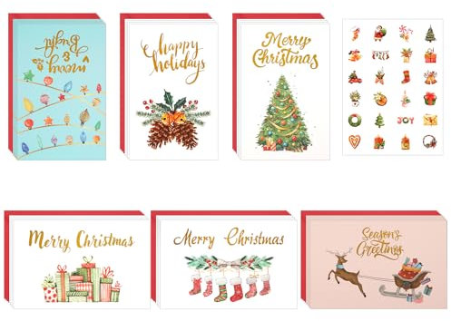 NQEUEPN 24 Stück Weihnachtskarten Set, Weihnachtsgrußkarten mit Umschlägen und Aufklebern Niedlich Weihnachtskarten Sortiert Geschenkkarten Winter Neujahrspartyzubehör für Familie (6 Stile)