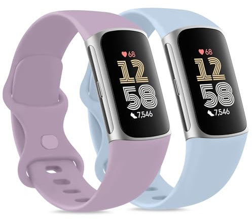 Tobfit für Fitbit Charge 6 Armband/Fitbit Charge 5 Armband für Damen Herren,Silikon Sport Weiches 2Stück Ersatzarmbänder für Fitbit Charge 5/Charge 6(S,Hellblau/Hellviolett)