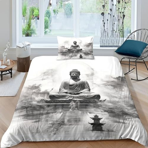 Buddha Bed Linen Light Plush Long Mikrofaser Duvet Cover Warm Bettwäsche mit Buddha-Statue Duvet Cover And Pillowcase with Zip Hypoallergener Mikrofaser Für Kinder Teenager Erwachsene Single 135x200cm