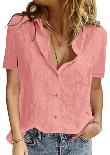 PASUDA Camicia Donna Estiva Camicetta da Donna Manica Corta Cotone Elegante Blusa Maglietta Scollo a V Top con Bottoni Moda Casual T Shirt Tinta Unita Classico Maglia Tees