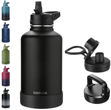 RUBYFLASK 64oz Insulated Water Bottle with Straw, Half Gallon Stainless Steel Vacuum Water Jug, Large Thermal Water Bottle Flask with Leakproof 3 Lids for Travel, Camping, Gym Sports Black